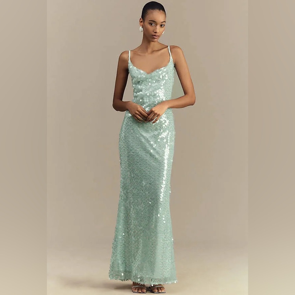 Anthropologie Sequin Mint Green Spaghetti-Strap Maxi Dress